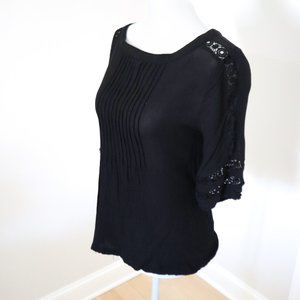 LOFT Black Crochet Detail Pleat Front Top Tee XS